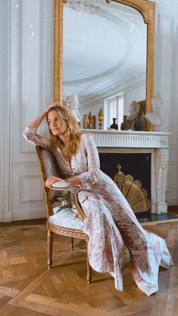 Model Birte Carolin wearing Diana d'Orville silk long robe in light pink and cream with seamless flower prints