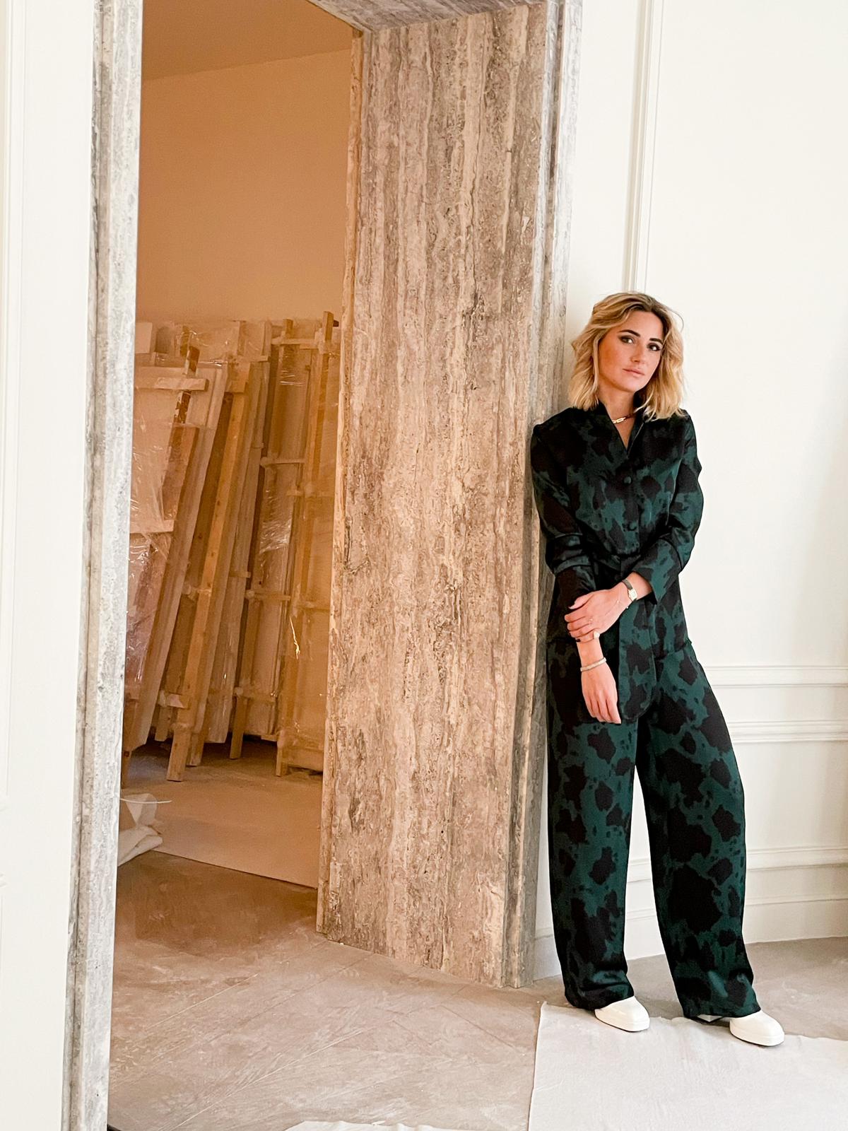 Caroline Keslassy in Diana d'Orville silk suit