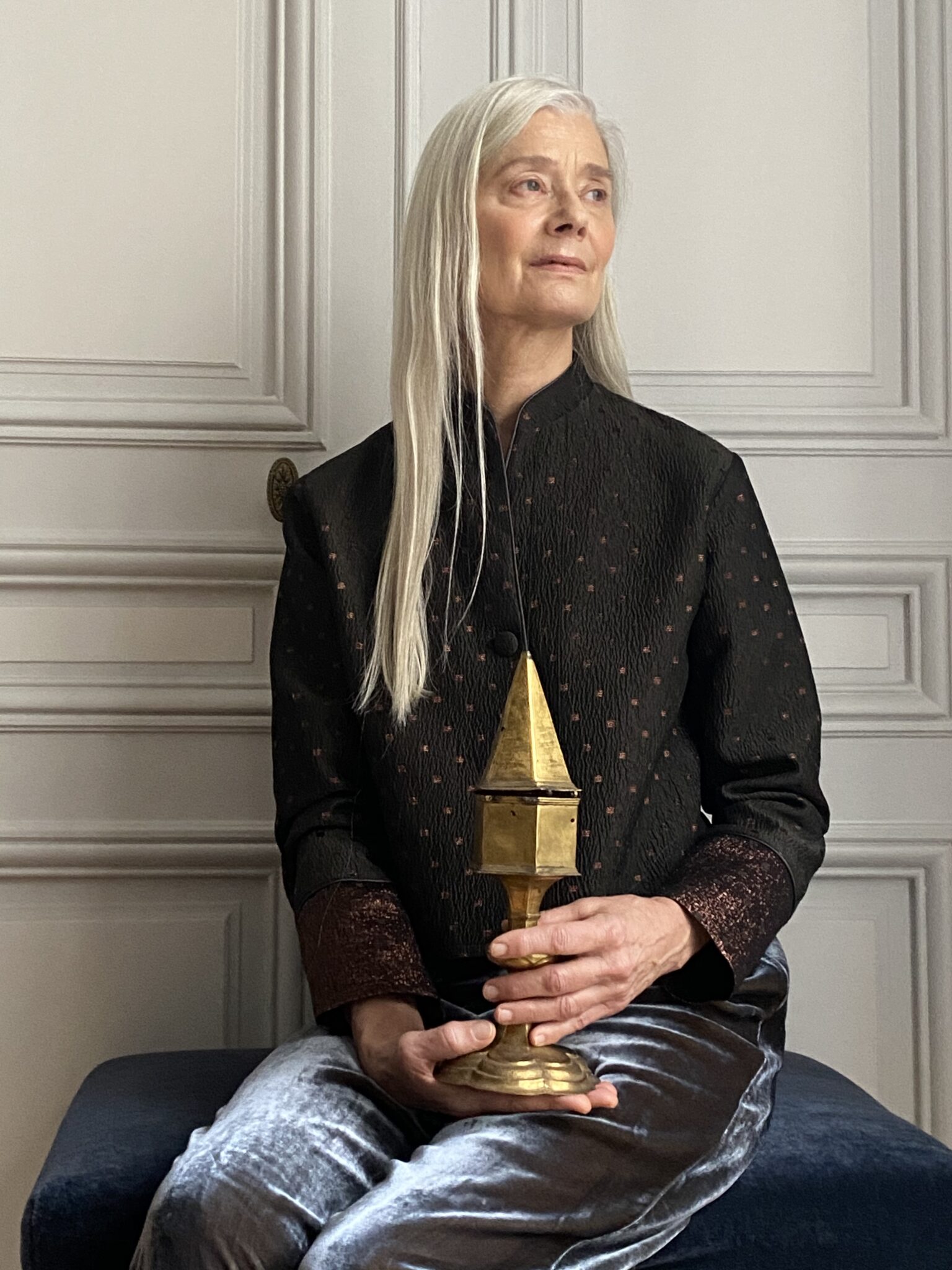 French actress Axelle Doué in Diana d'Orville luxury eveningwear - black & gold silk velvet & brocade