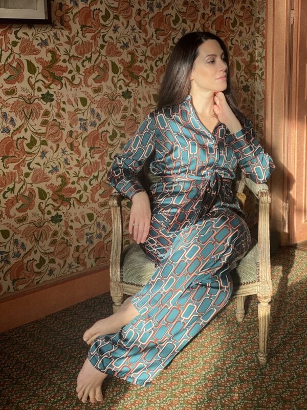 Eleonora Galasso in Diana d'Orville printed silk suit - turquoise with chain-inspired prints