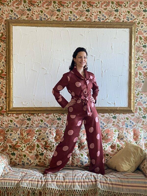Eleonora Galasso in Diana d'Orville luxury printed silk suit - geometric circular bordeaux & pink prints