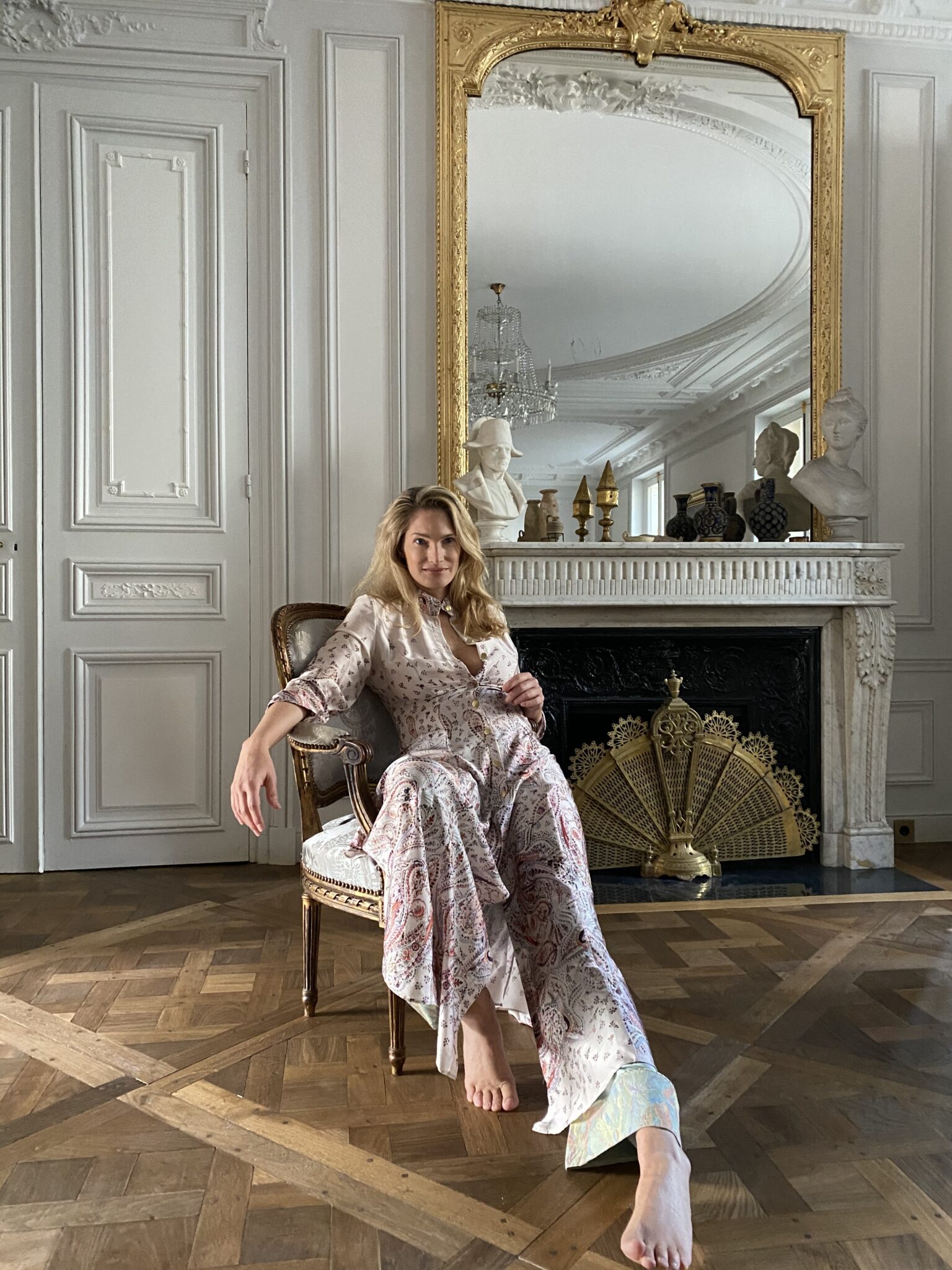 German Model Birte Carolin wearing Diana d'Orville silk gown in Paris