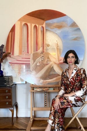 Roman artist Malu dalla Piccola in Diana d'Orville in red & ivory printed silk suit
