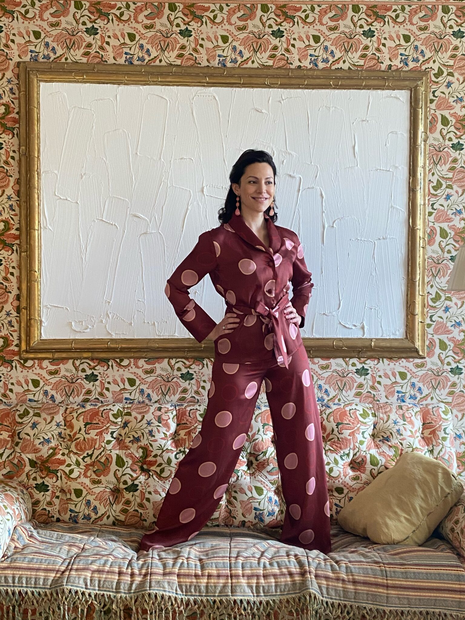 Eleonora Galasso in Diana d'Orville silk suit with geometric pink & burgundy prints