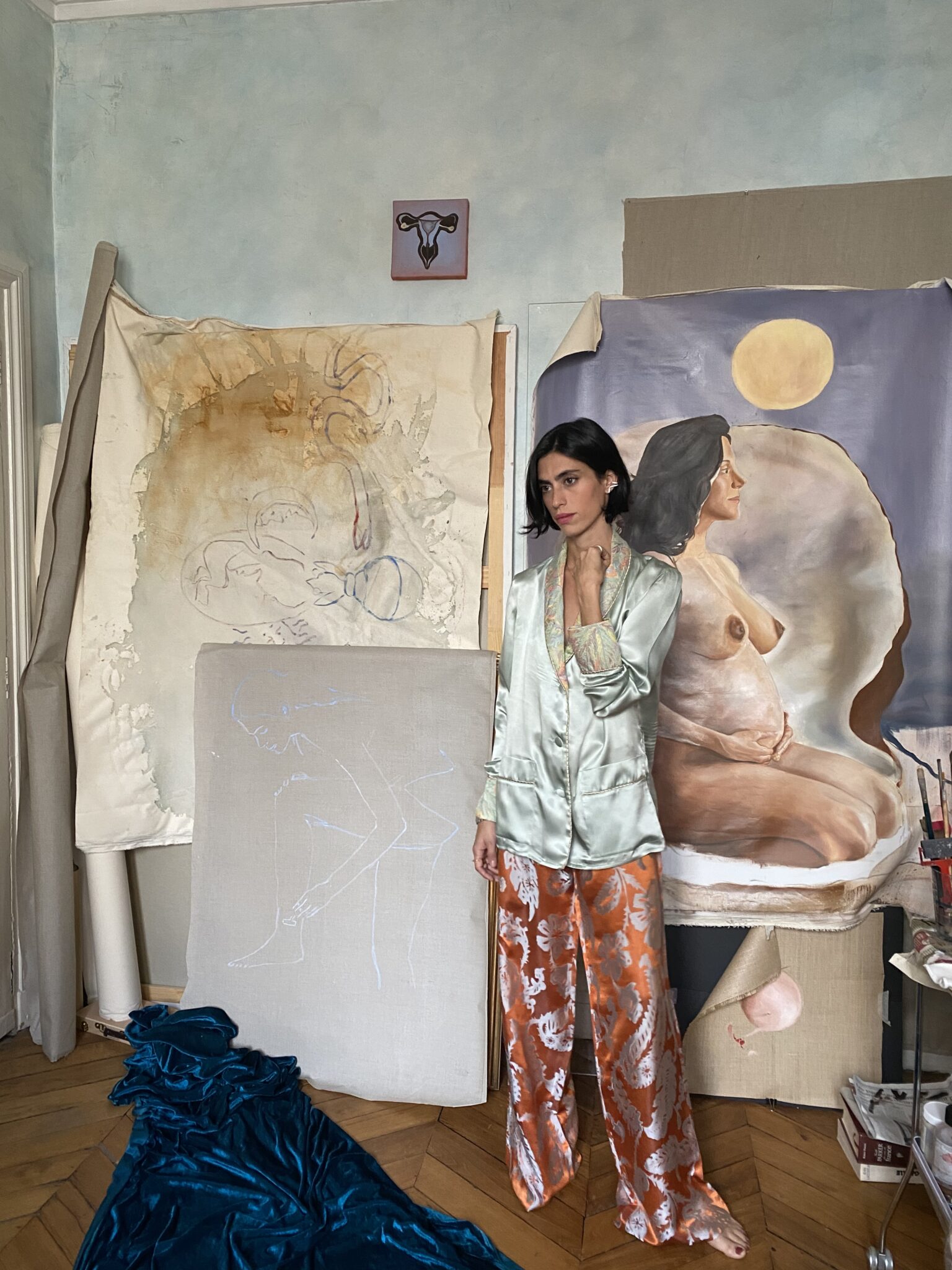 Roman artist Malu dalla Piccola Diana d'Orville luxury silk suit turquoise & orange