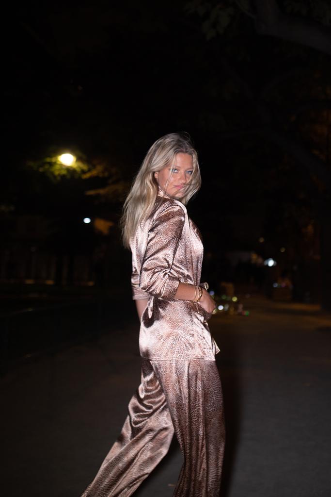 PFW Sixtine Saldmann in Diana d'Orville luxury silk leopard suit Sam Richon