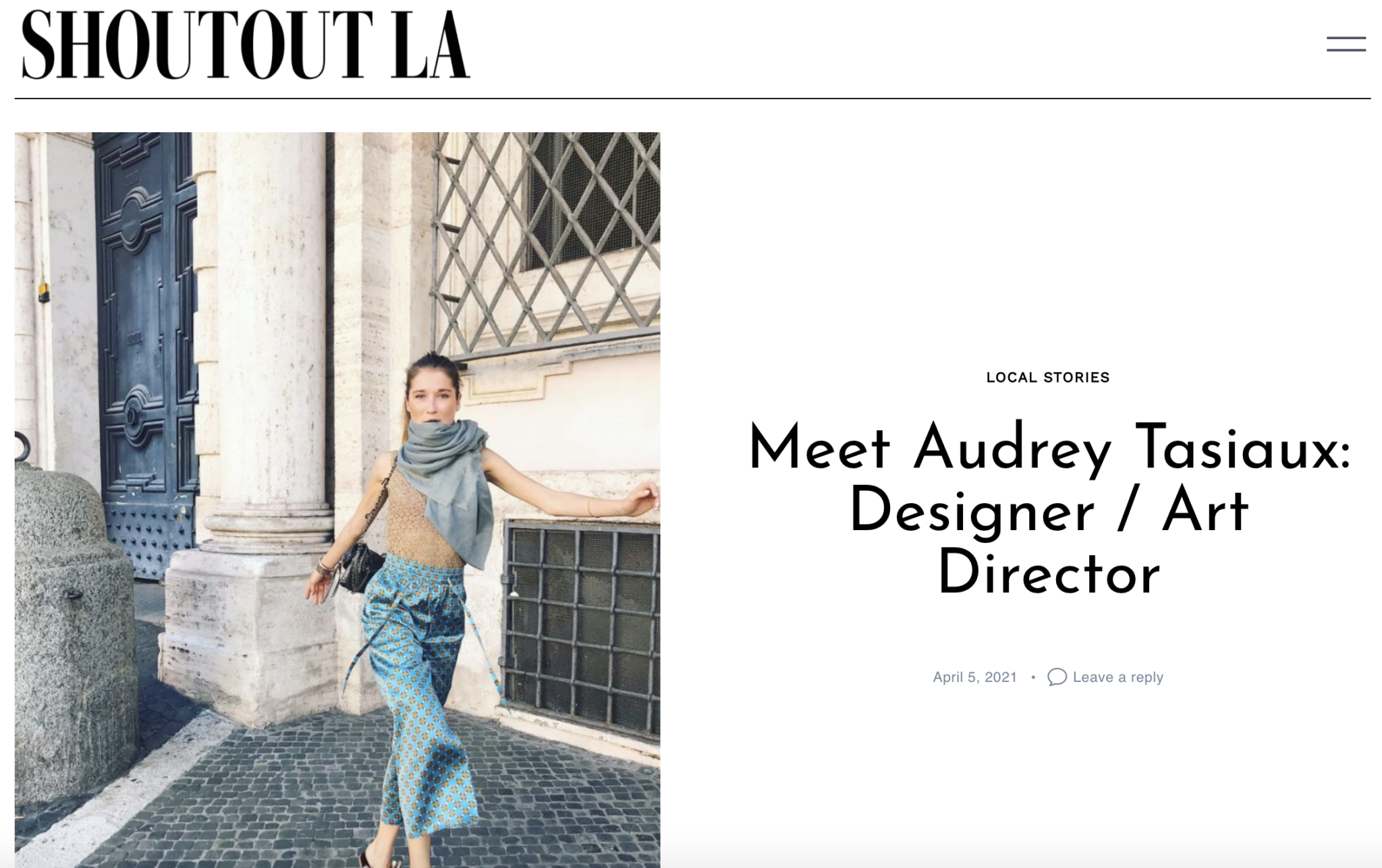 Sustainable luxury fashion designer Audrey Tasiaux interview for Shoutout Los Angeles Magazine