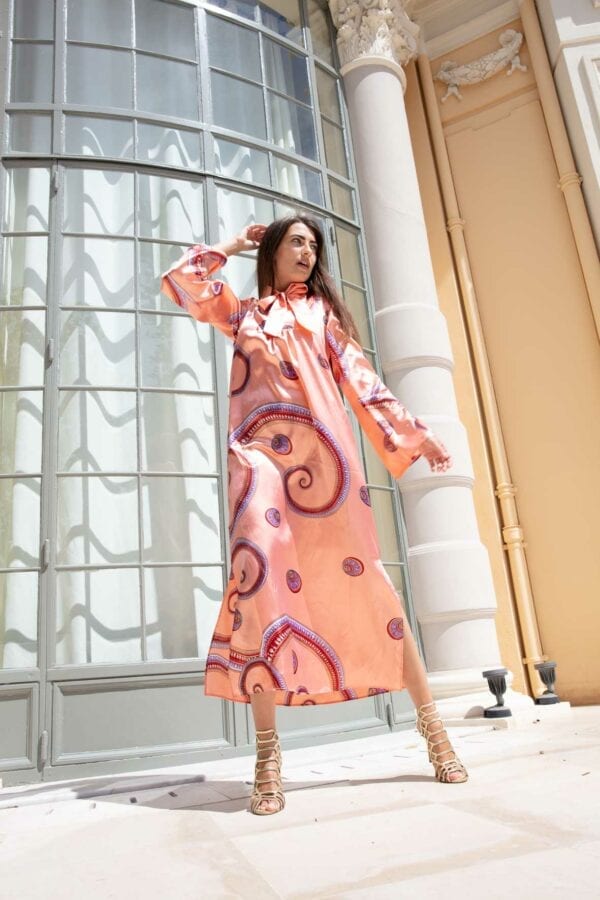 Diana d'Orville luxury caftan in salmpon & graphic geometrical prints