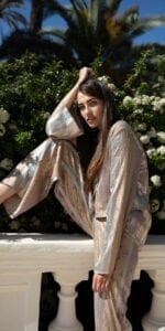 Diana d'Orville sustainable luxury silk & metallic palazzo suit made in France