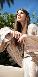 Diana d'Orville sustainable luxury silk & metallic palazzo suit made in France