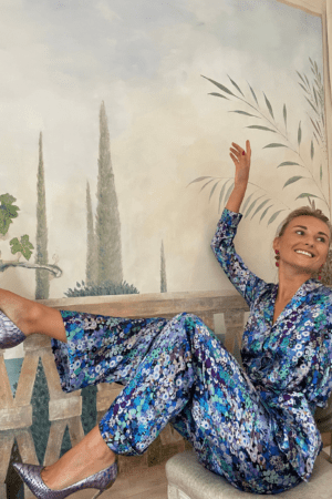 Diana d'Orville sustainable flower blue silk luxury loungewear set