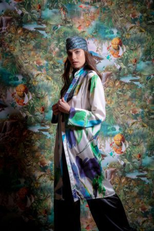 Diana d'Orville unisex blue printed botanical silk cover up jacket