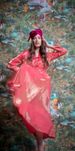Diana d'Orville signature maxi skirt set in gold and fuschia lamé