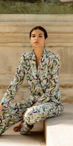Clara Muniz in Diana d'Orville printed luxury suit
