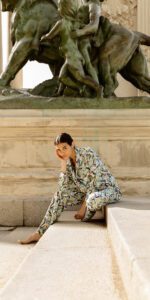 Clara Muniz in Diana d'Orville printed luxury suit