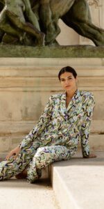 Clara Muniz in Diana d'Orville printed luxury suit