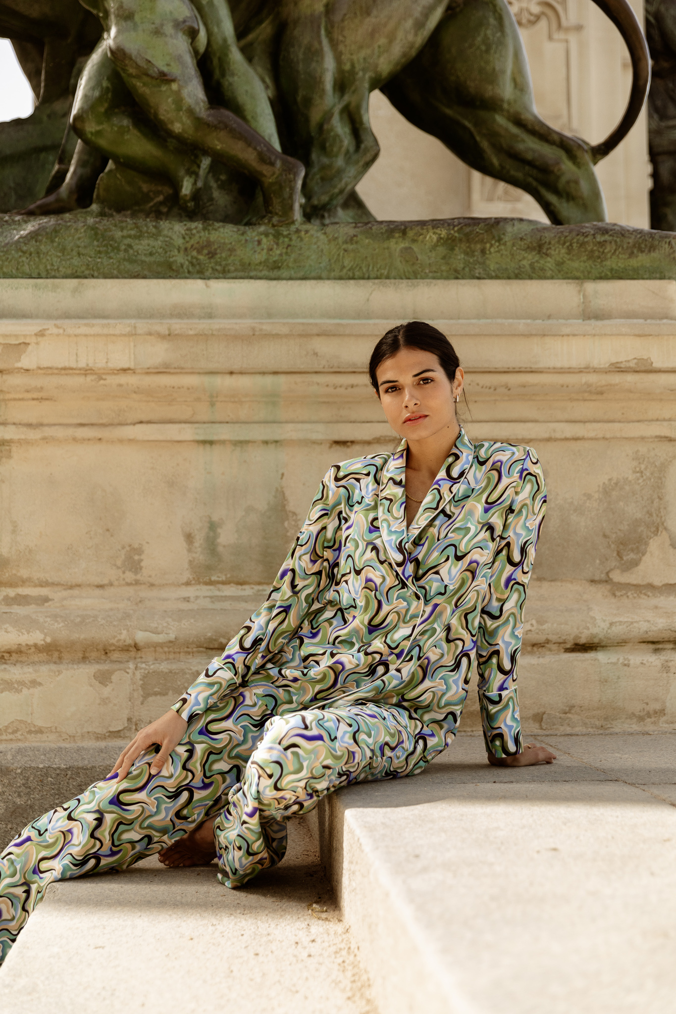 Clara Muniz in Diana d'Orville printed luxury suit