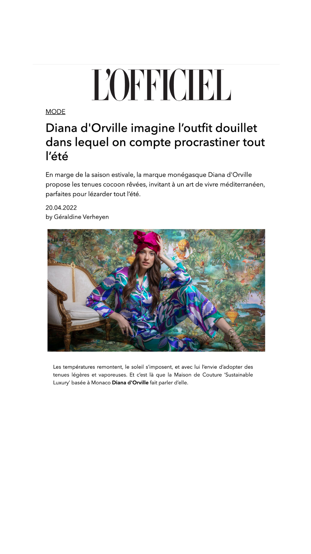 Diana d'Orville luxury couture brand in l'Officiel Magazine