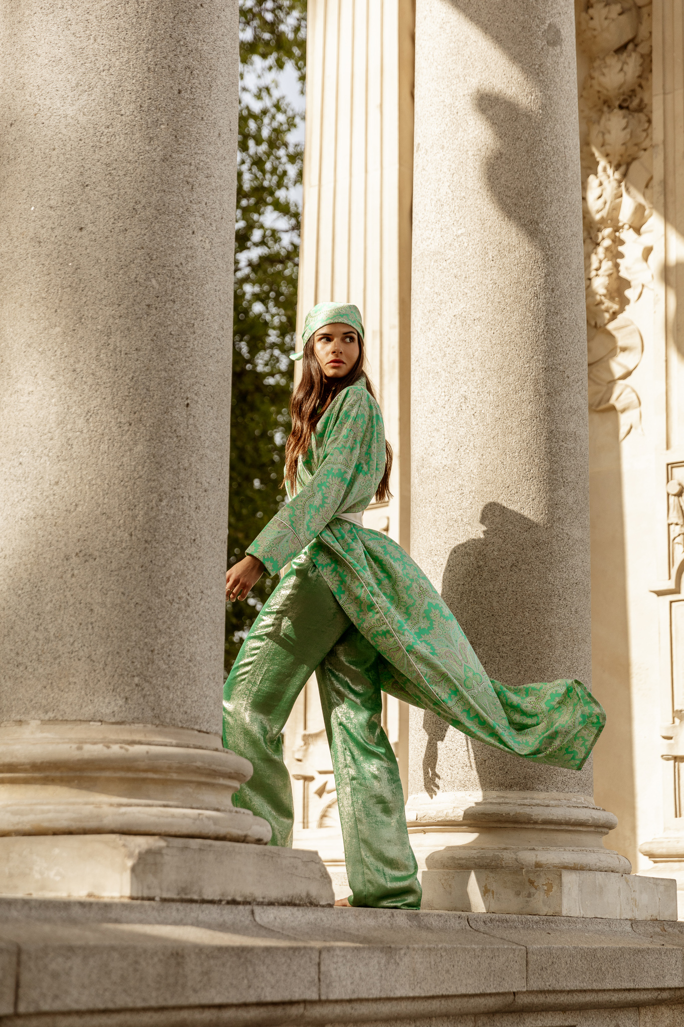 Clara Muniz in Diana d'Orville luxury silk turquoise gown