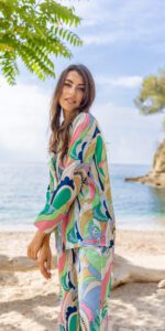 Diana d'Orville silk luxury suit large botanical multicolor prints