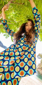 Diana d'Orville silk luxury suit large circles multicolor prints