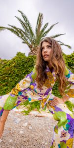 Diana d'Orville luxury printed silk suit in botanical prints