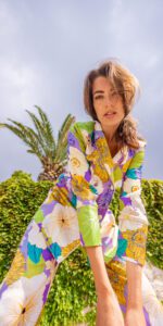 Diana d'Orville luxury printed silk suit in botanical prints