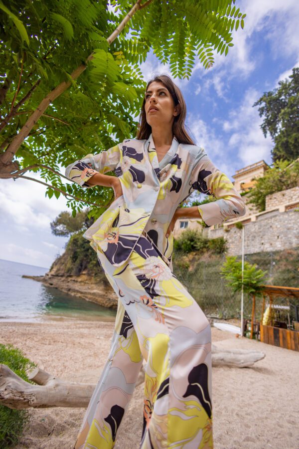 Diana d'Orville silk luxury suit large botanical multicolor prints