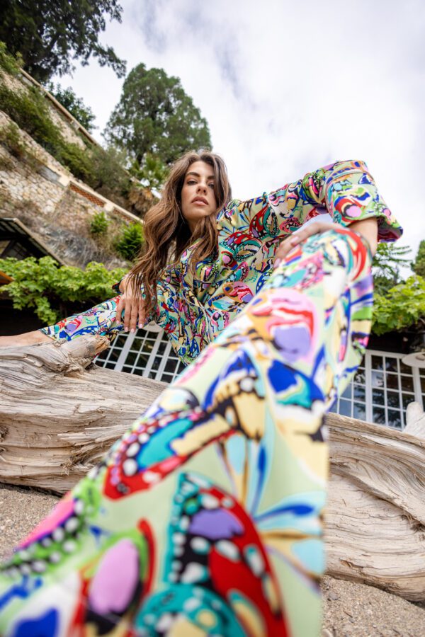 Diana d'Orville silk luxury suit large graphic multicolor prints