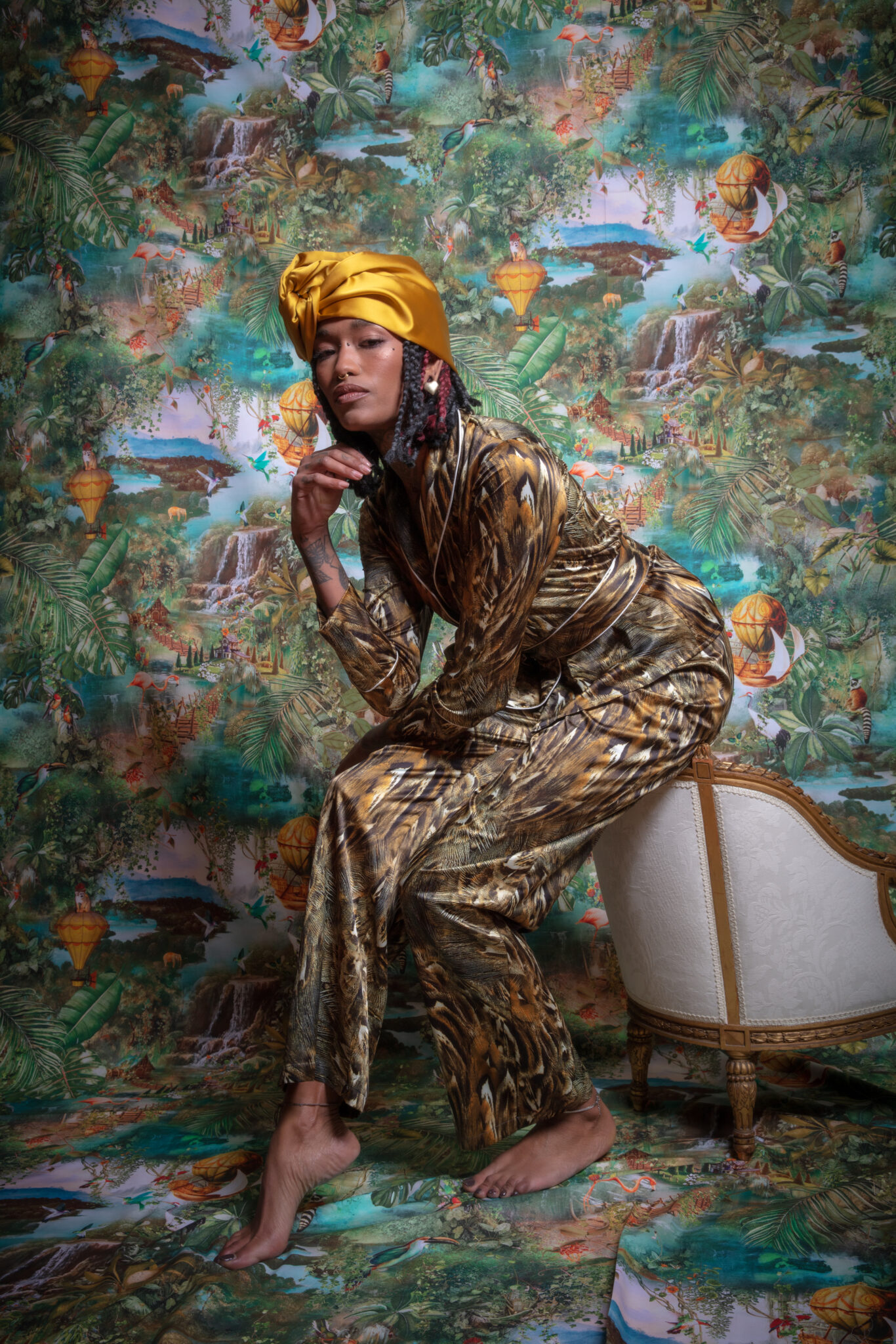 Diana d'Orville silk suit green and gold feather prints